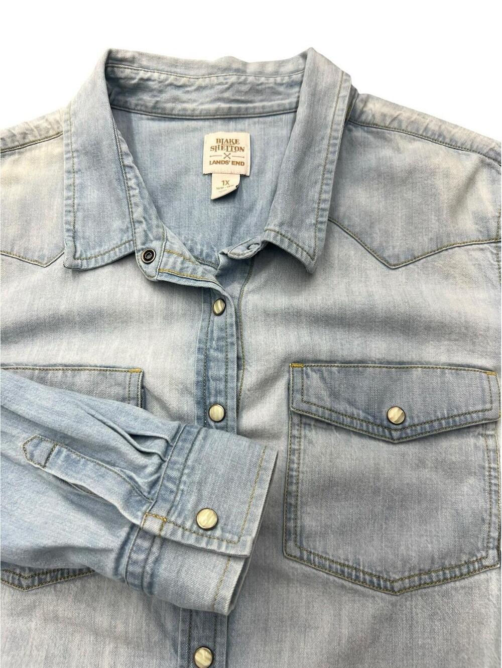 Blake Shelton x Lands’ End Denim Western Shirt Pearl Snap Chambray 1X